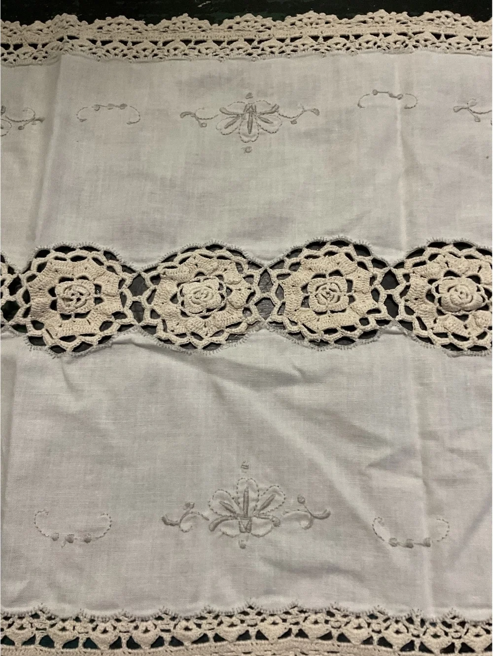 Vintage Handmade Crochet and Embroidered Table Runner
